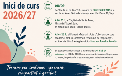Les Aules Sènior de Mataró enceten el curs 2026-2027 amb una àmplia oferta formativa i Francesc Torralba com a ponent inaugural